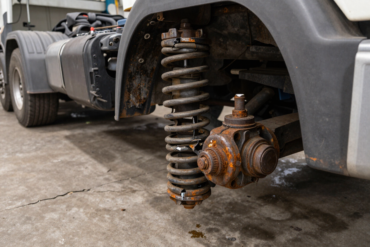 Worn truck suspension components including a cracked leaf spring visible beneath a heavy vehicle in a workshop