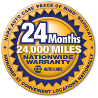 NAPA Auto Care warranty badge: 24-month/24,000-mile nationwide warranty, with text on yellow and blue circular badge.