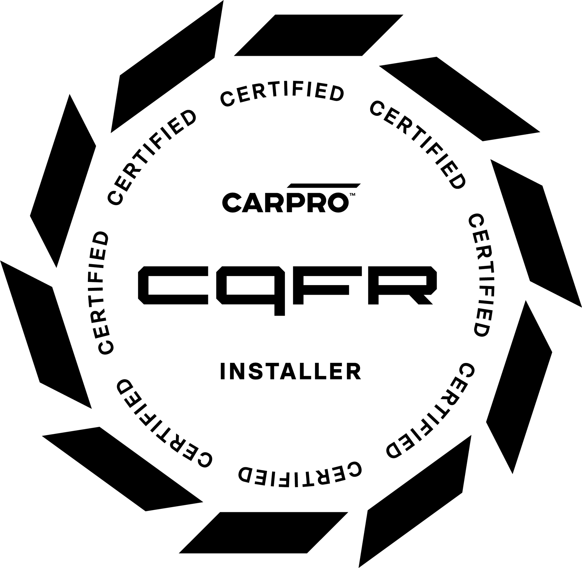 CarPro CQFR certified installer logo, black and white. Text reads