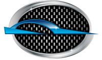 Silver and black emblem with blue car shape.