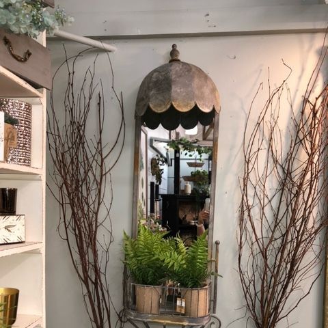 Decorative wall mirror with scalloped top, flanked by tall twig branches and potted greenery in a shop display