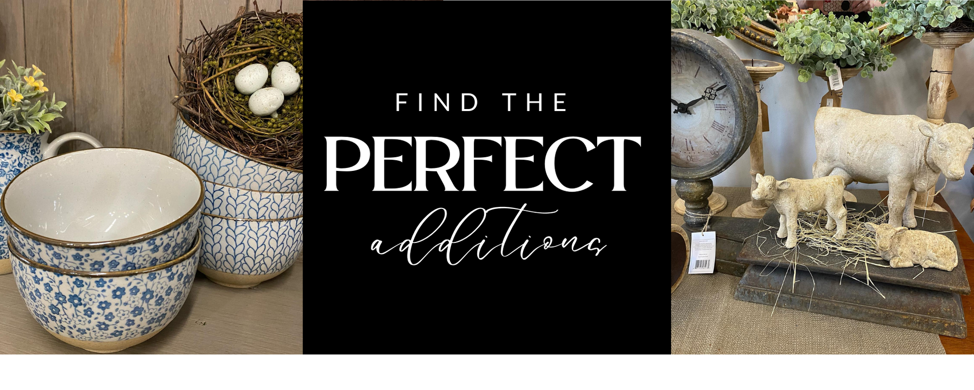 Home decor collage with patterned bowls, rustic tabletop decor, and “Find the perfect…” text on black center panel