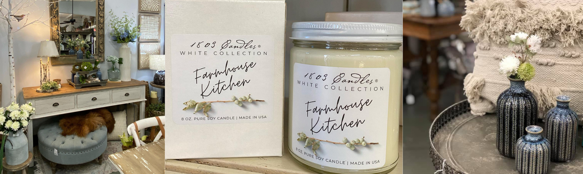 Cozy shelf display with candles, greenery, and a white jar candle with handwritten labels.