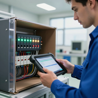 Technician inspecting an open electrical control panel with a tablet in a bright workshop
