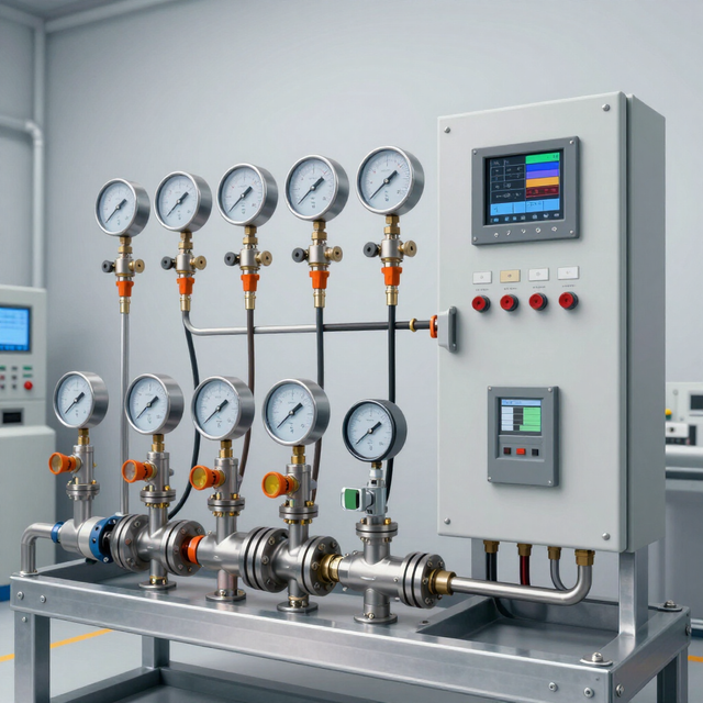 Industrial control panel with gauges, valves, and meters on a stainless steel machine skid