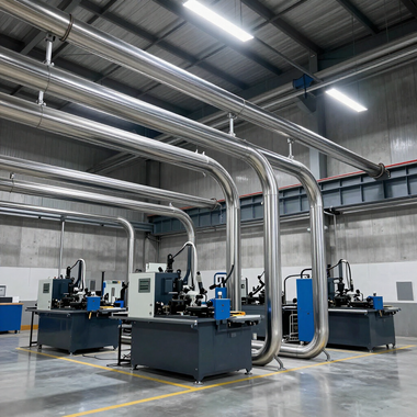 Industrial workshop with multiple blue machines connected by large silver ventilation ducts under a high ceiling