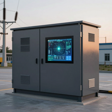 Gray outdoor utility cabinet with a digital display on a paved site near power lines