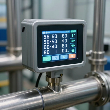 Industrial digital display mounted on a stainless steel pipe in a factory setting