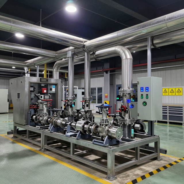Industrial pump and piping skid in a factory, with stainless steel pipes, control panels, and overhead ducts.