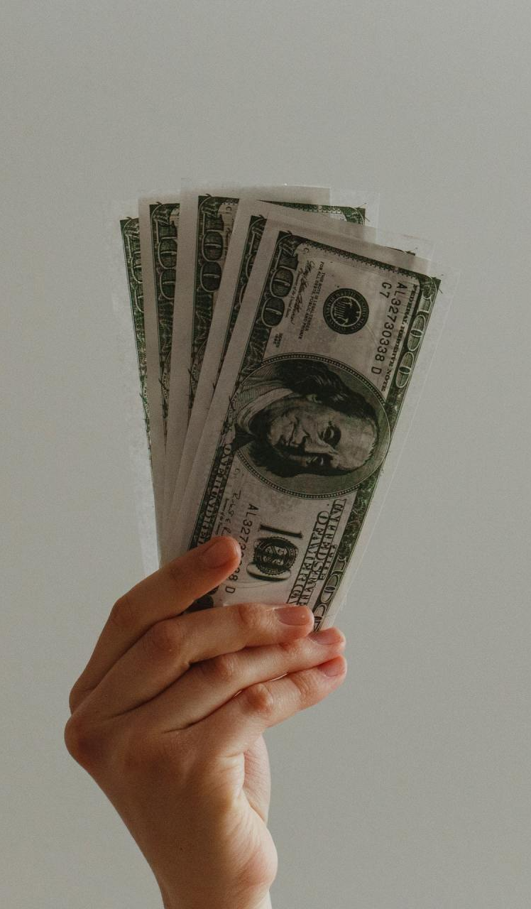 A person is holding a fan of money in their hand.