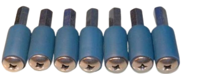 Seven blue insulated electrical crimp connectors with metal ends, arranged in a row on a white background