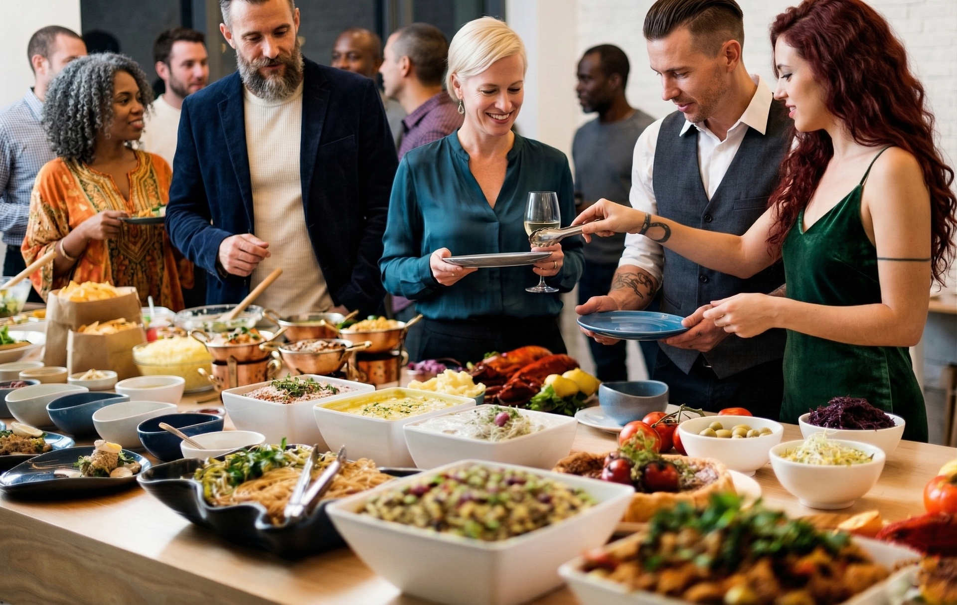 Guests serving themselves from a buffet table with assorted dishes and drinks at a social gathering