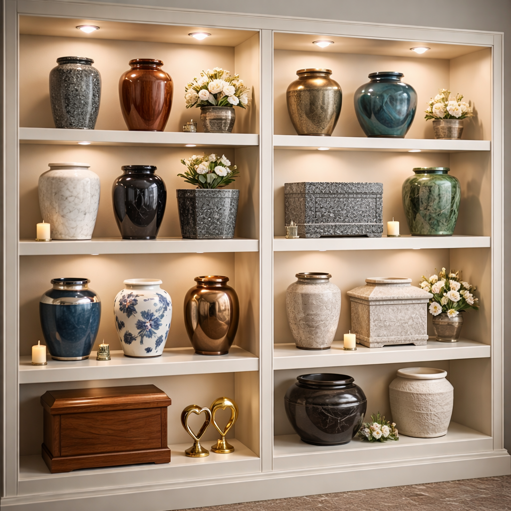 Decorative white shelves with assorted colorful vases, flowers, candles, and boxes in a home display.