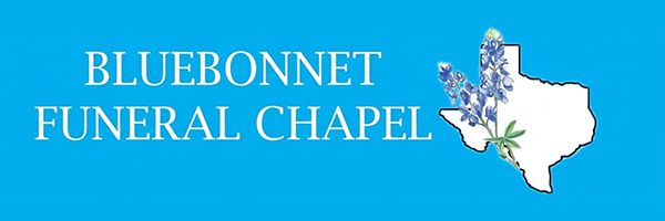 Blue banner logo for Bluebonnet Funeral Chapel with white Texas outline and blue flowers