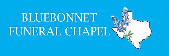Blue banner logo for Bluebonnet Funeral Chapel with white Texas outline and blue flowers