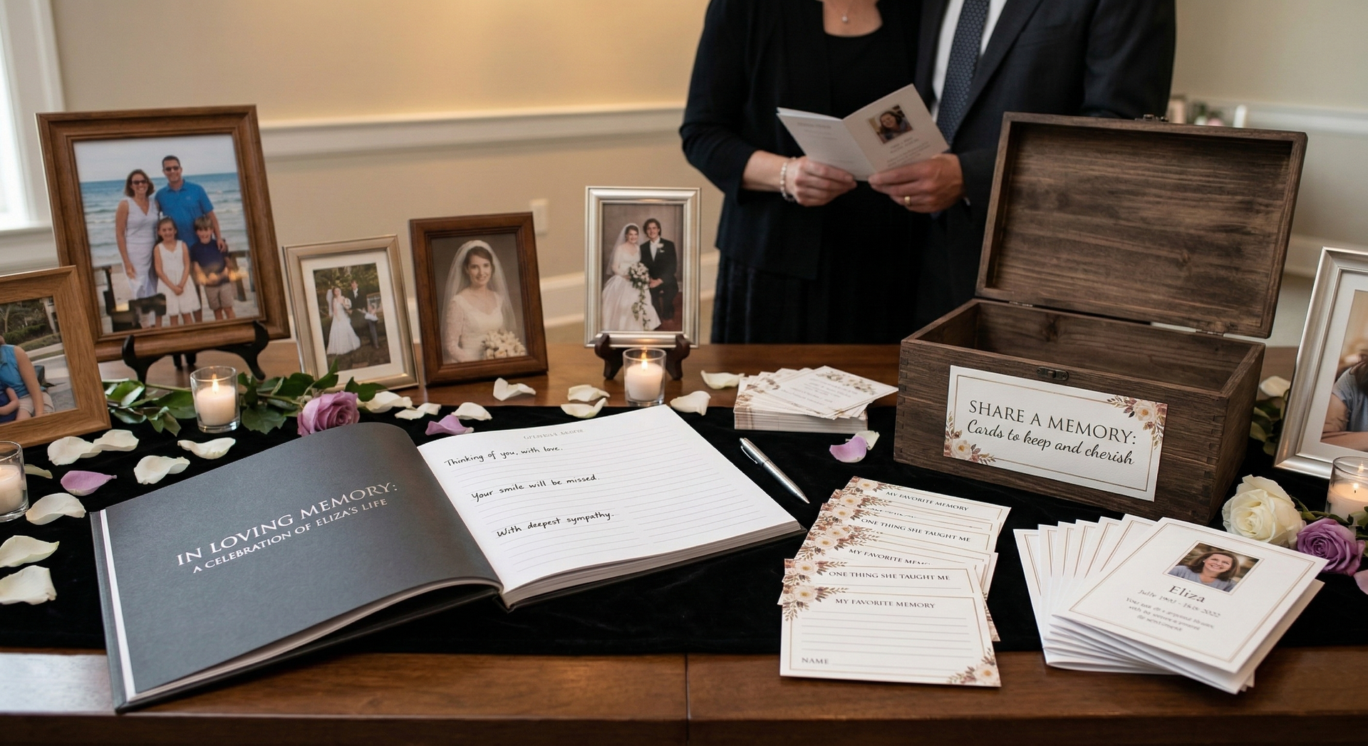 Memorial table with framed photos, open guest book, note cards, flowers, and a wooden keepsake box