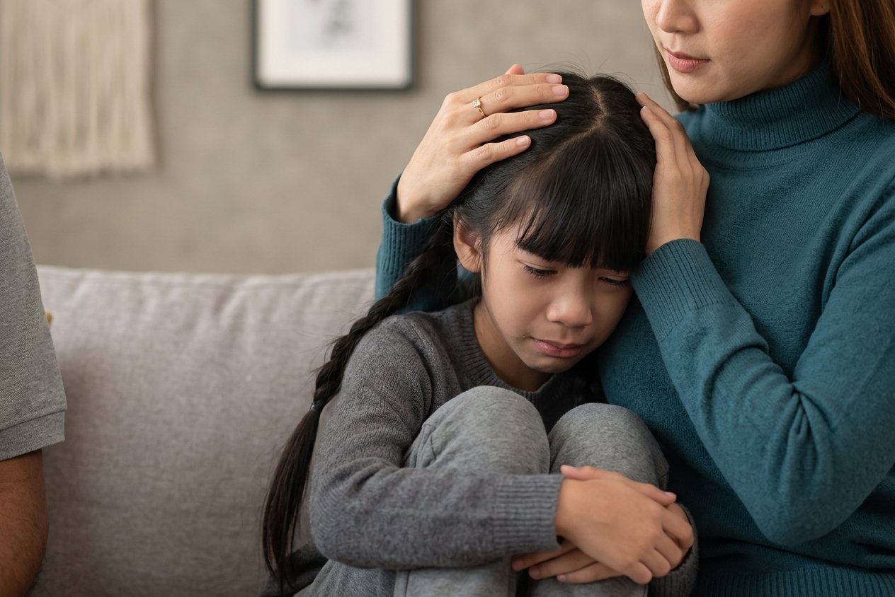 Woman comforting a crying child on a sofa, with a hand on the child’s head.