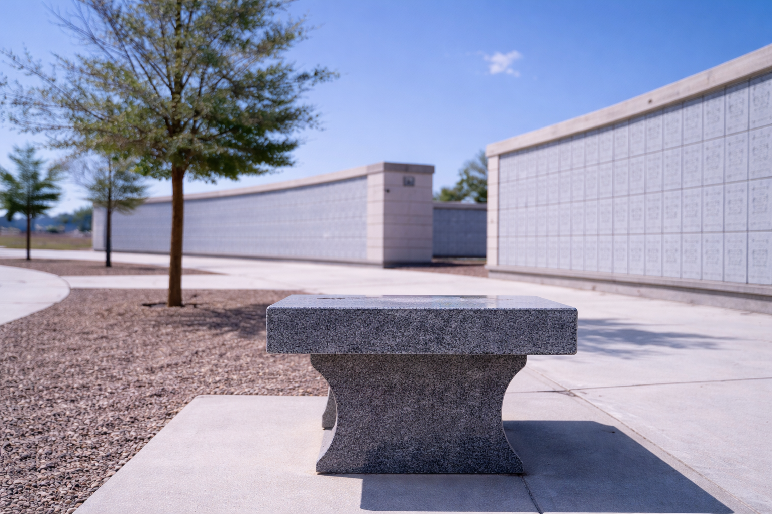 Stone bench on a sunny walkway beside a tree and long white walls in a quiet outdoor plaza.