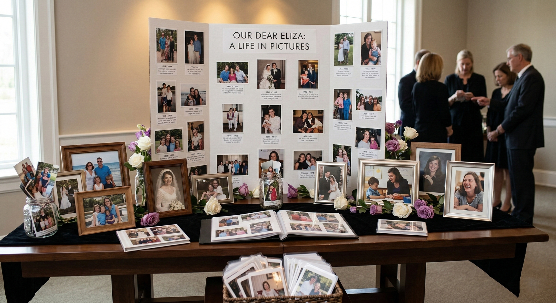 Memorial display with framed photos and a poster board on a table, with people gathered in the background