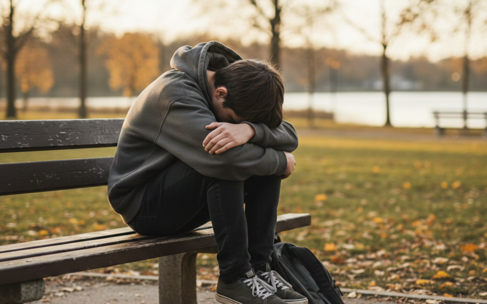 Person sitting hunched on a park bench, head down, in an autumn park with a backpack nearby.