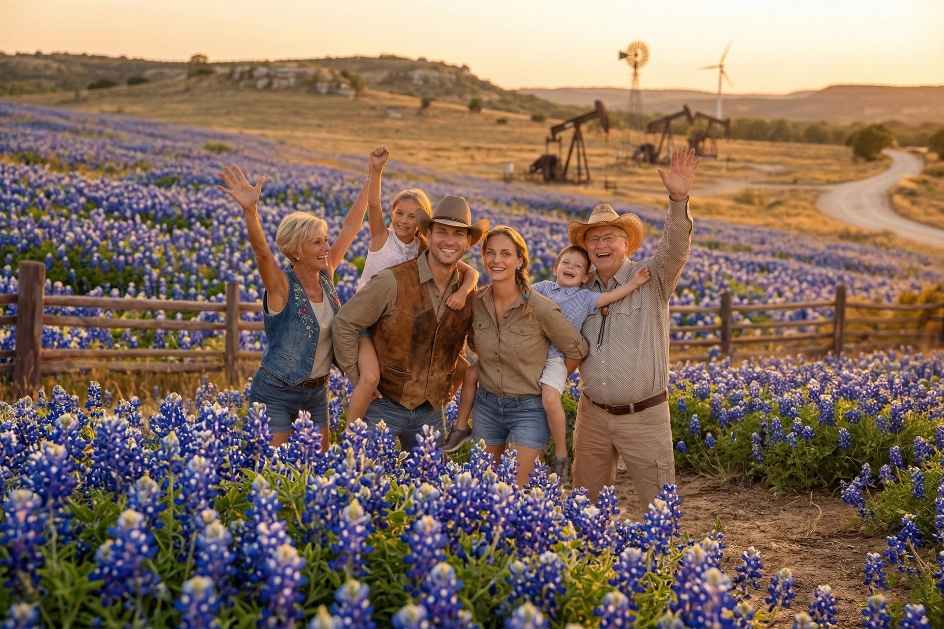 Four friends posing in a purple wildflower field at sunset, with wind turbines and a winding path in the background