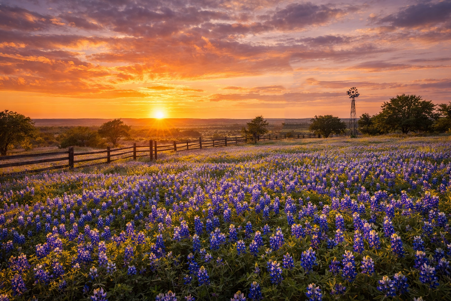 Sunset over a purple wildflower field beside a fenced rural road and windmill