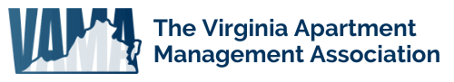 Logo for The Virginia Apartment Management Association with blue building graphic and text on white background