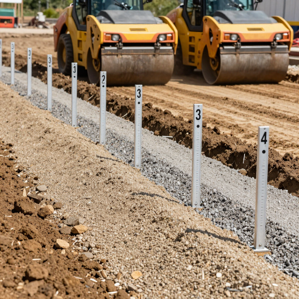 Apisonadora compactando grava junto a estacas de topografía numeradas en una obra de construcción.