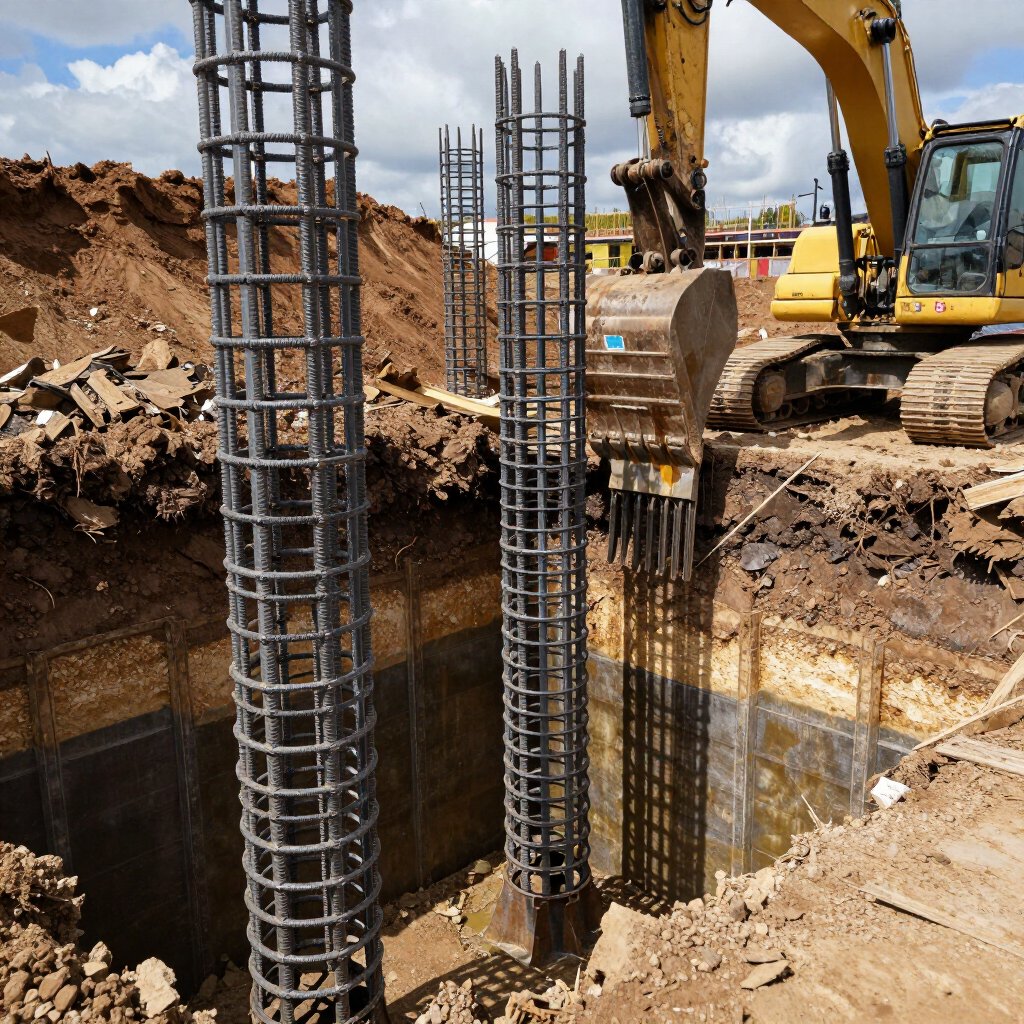 Excavadora de construcción cavando un pozo profundo para los cimientos con columnas de barras de acero y tierra fangosa.
