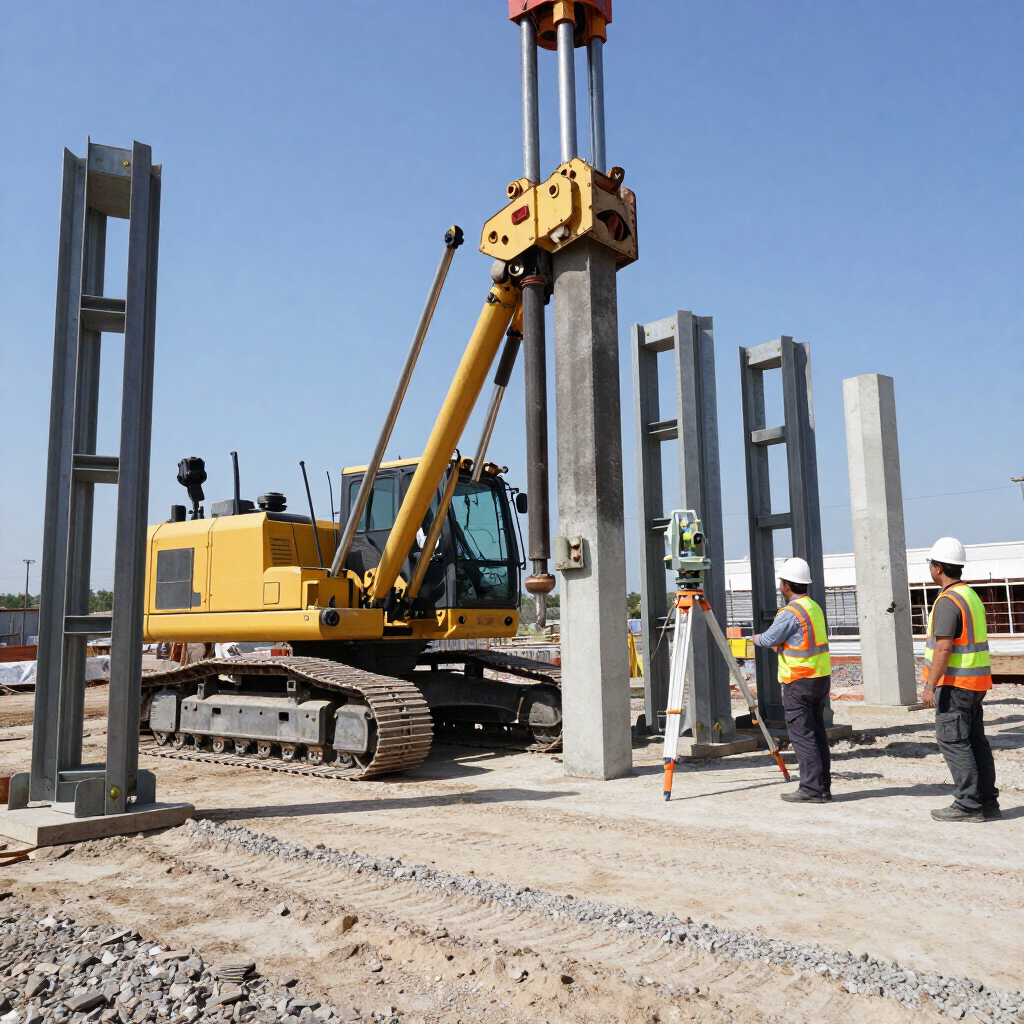 Obra en construcción con una grúa sobre orugas amarilla que levanta postes de acero junto a trabajadores con chalecos de seguridad y cascos.