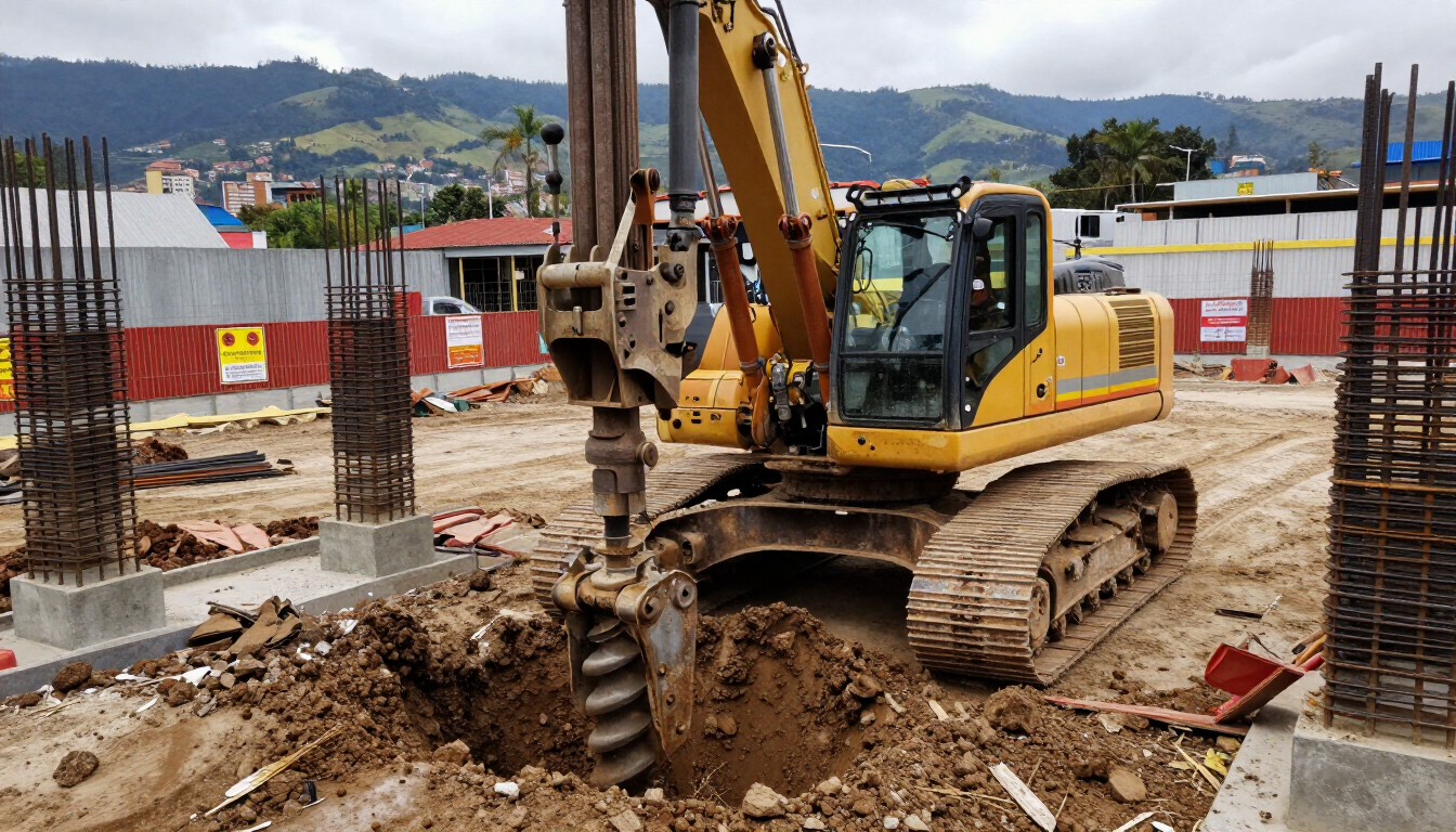 Excavadora amarilla removiendo tierra en una obra de construcción con cimientos de hormigón y montañas al fondo.