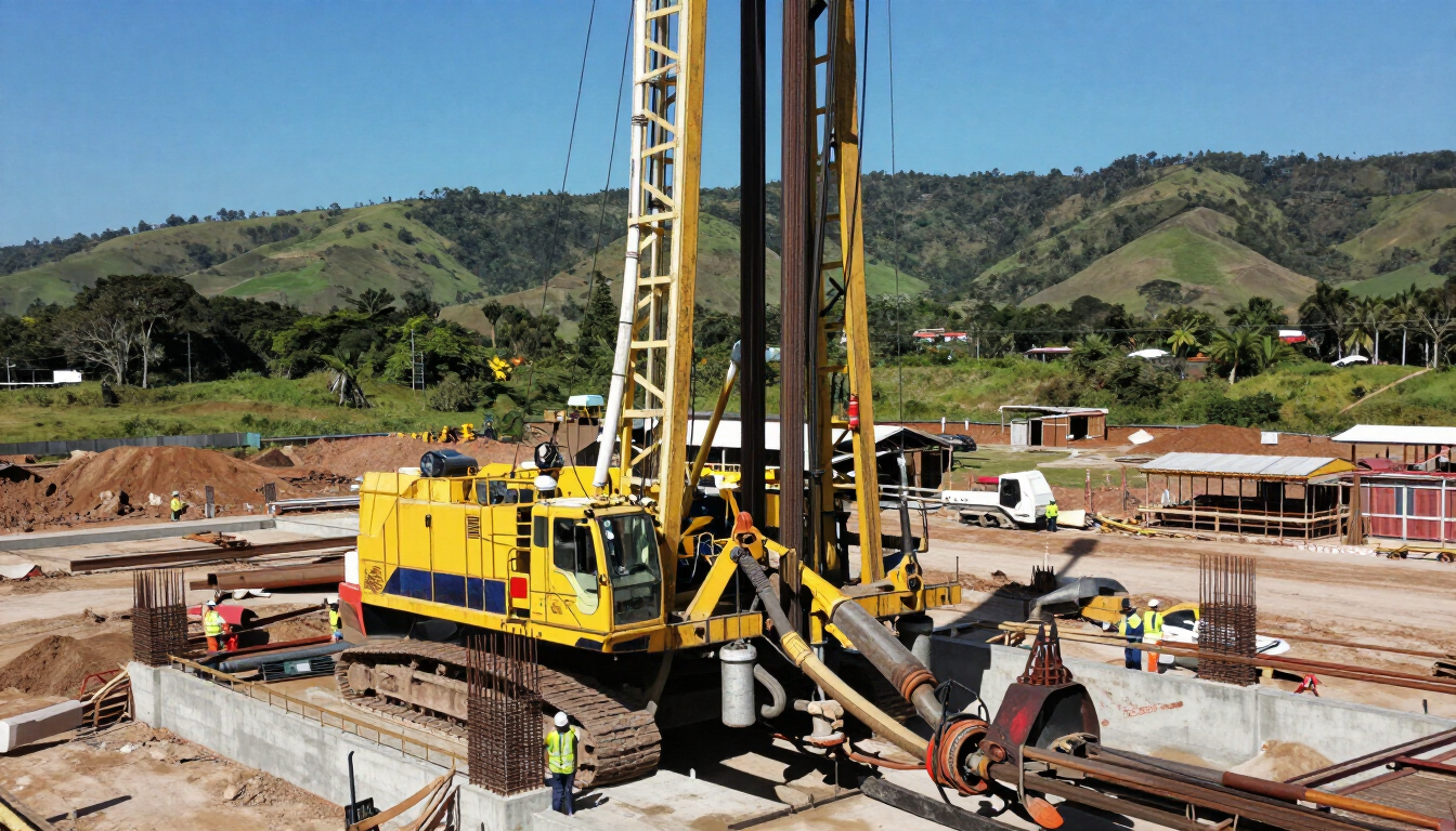 Plataforma de perforación amarilla en una obra de construcción con colinas al fondo.