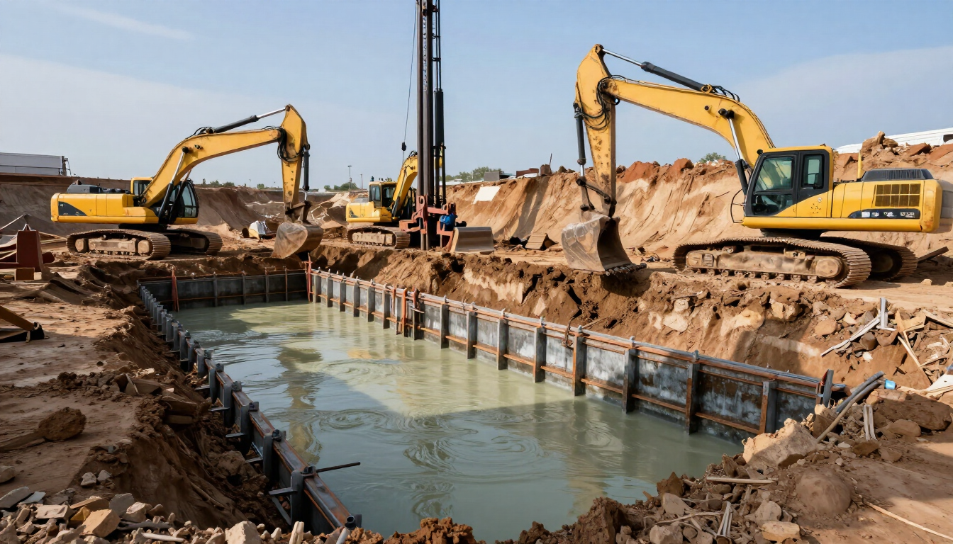 Dos excavadoras amarillas cavando una gran zanja en una obra en construcción fangosa.
