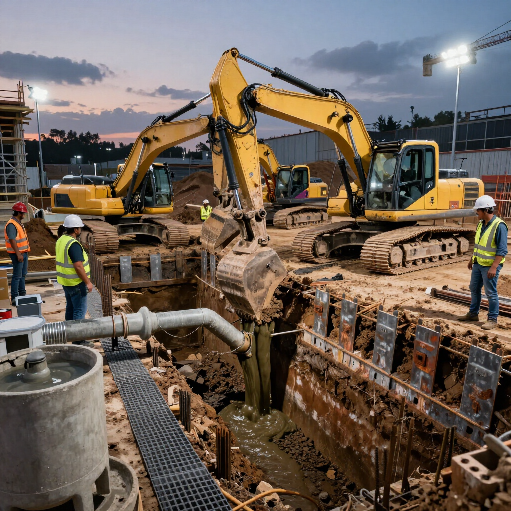 Obra en construcción con excavadoras amarillas cavando una zanja junto a trabajadores con chalecos de seguridad al anochecer.