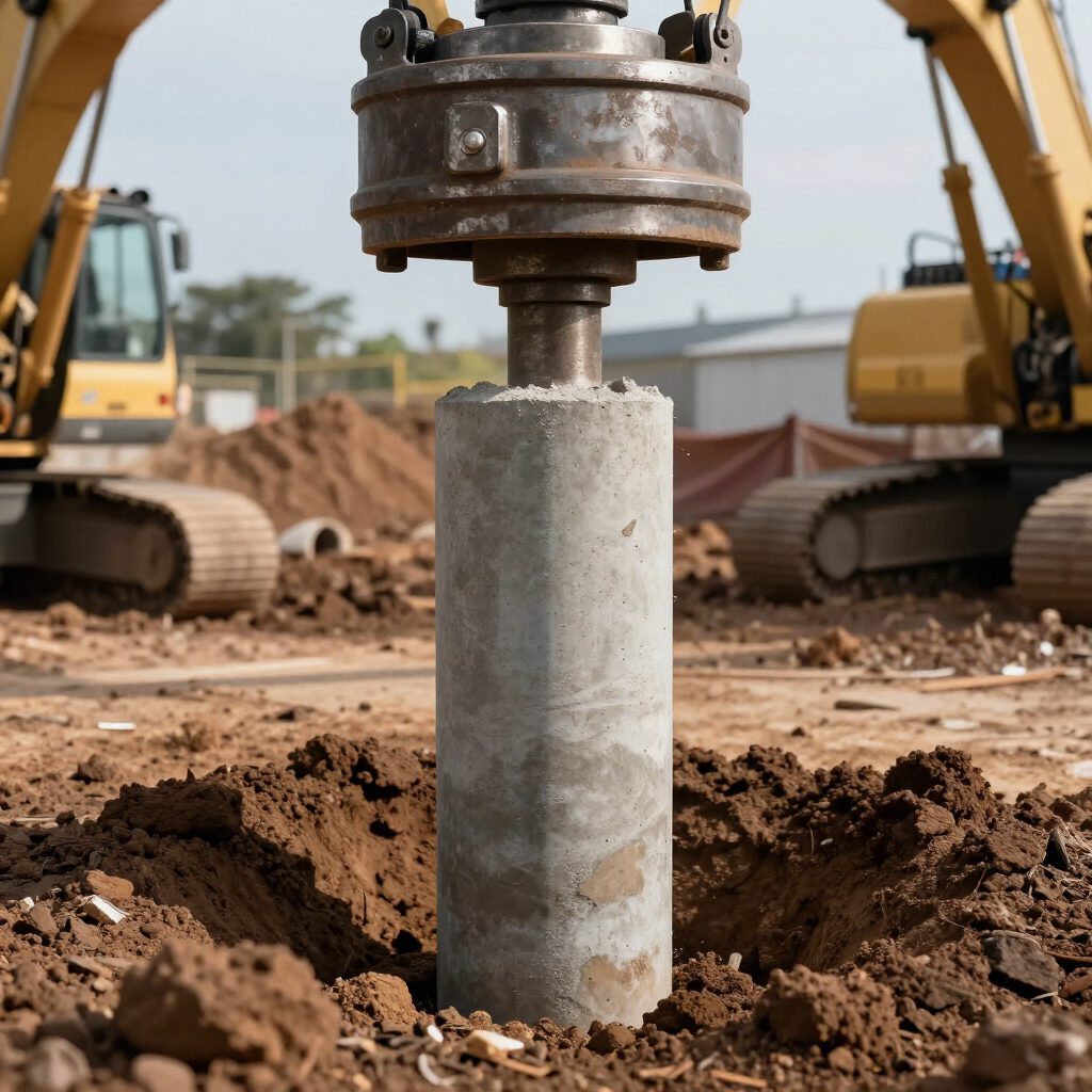 Se está perforando un pilote de cimentación de hormigón en una obra de construcción, con excavadoras al fondo.