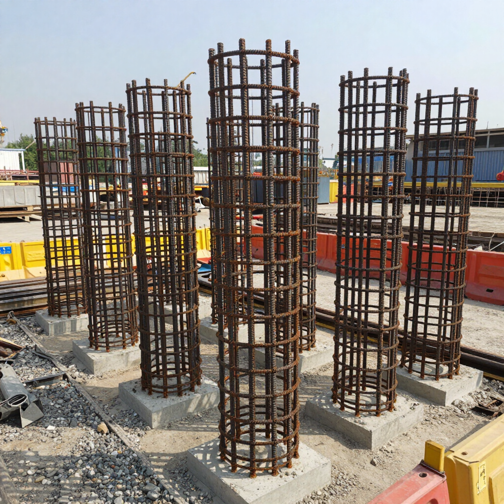 Obra en construcción con varias jaulas de columnas de barras de acero que se elevan desde cimientos de hormigón.