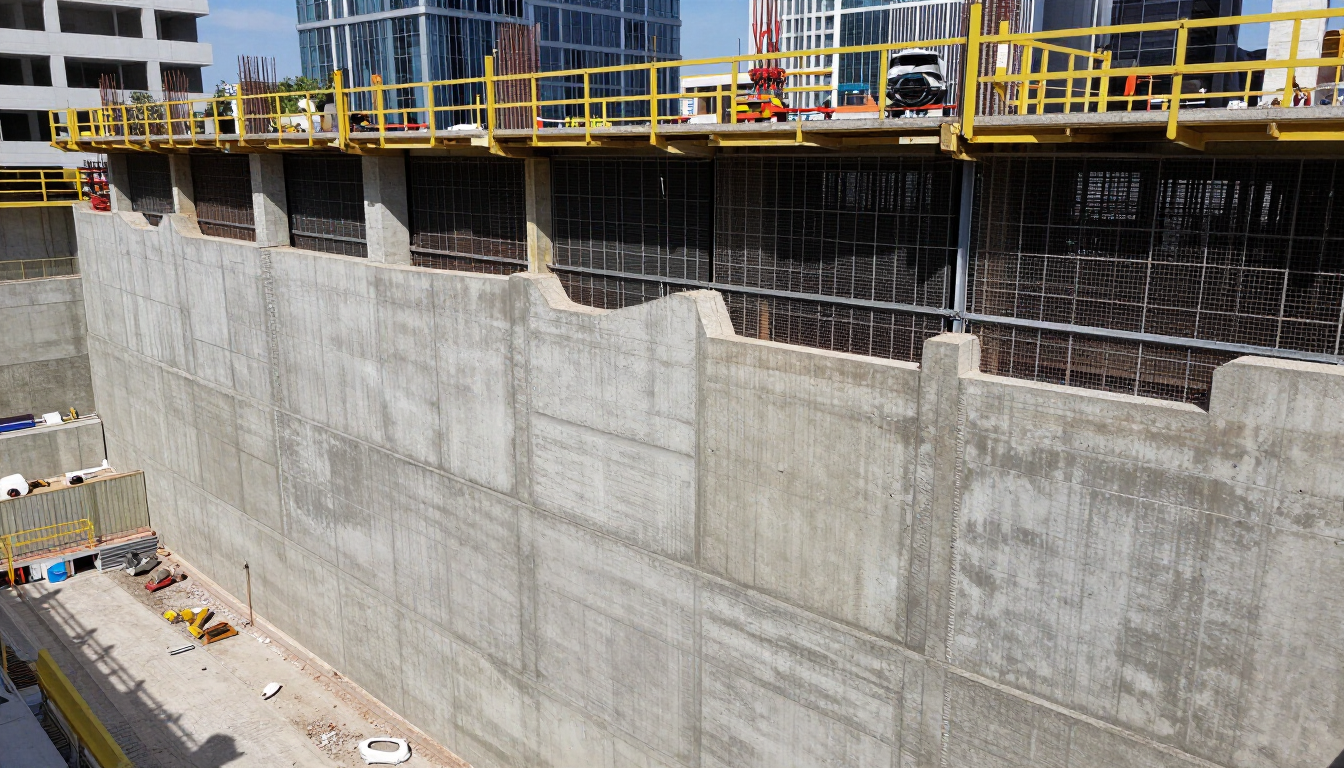 Muro de contención de hormigón en construcción junto a un edificio con andamios y barandillas de seguridad amarillas.