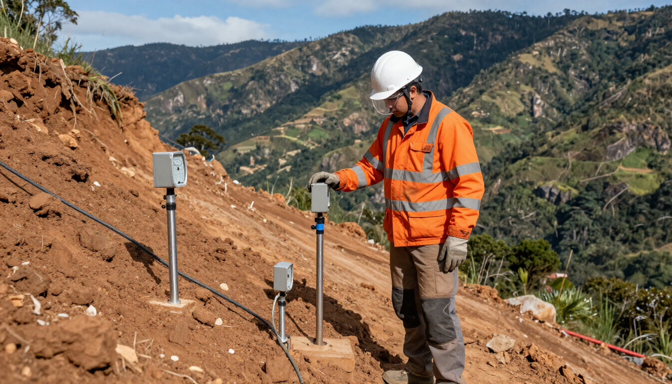 Un trabajador con equipo de seguridad naranja revisa los sensores en una obra de construcción en una ladera rocosa.