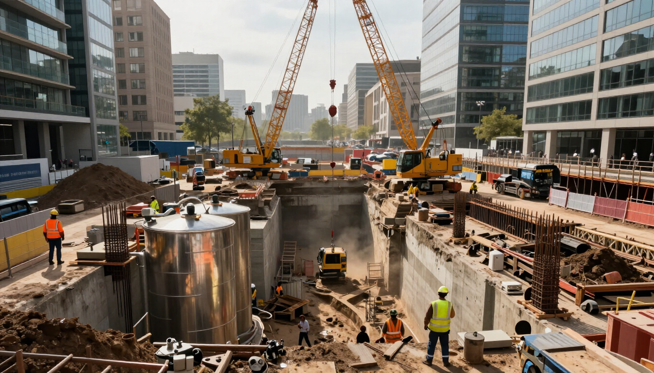 Obra en construcción con excavadoras, trabajadores y tanques de acero junto a una excavación profunda entre edificios modernos.