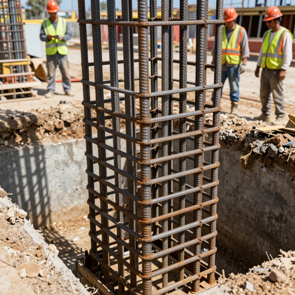 Obreros de la construcción con cascos de seguridad se encuentran junto a una columna de varillas de refuerzo en el lugar de una excavación de zanja.