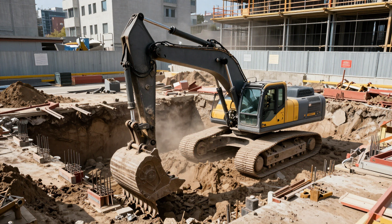 Excavadora trabajando en una obra con escombros y muros de cimentación al descubierto.