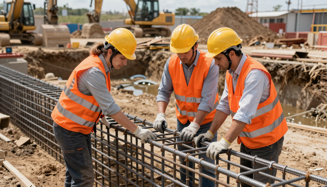 Obreros de la construcción con chalecos naranjas y cascos amarillos ensamblando barras de acero en una obra.