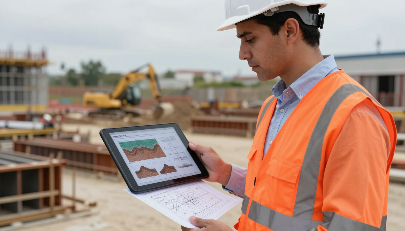 Obrero de la construcción con chaleco naranja y casco revisando planos en una tableta en una obra.