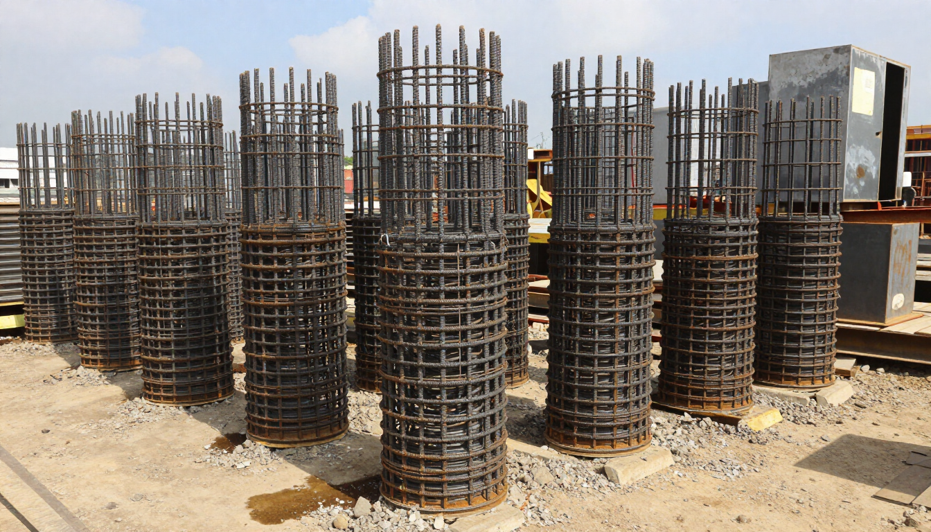 Obra en construcción con hileras de columnas de barras de acero y encofrados de hormigón sobre terreno arenoso.