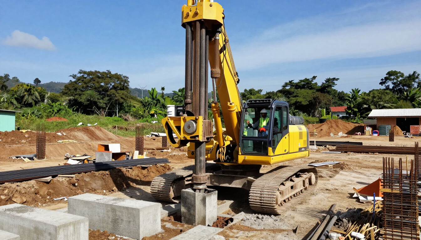 Excavadora amarilla perforando cimientos de hormigón en una obra de construcción.