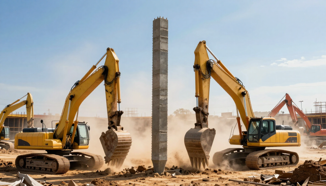 Dos excavadoras amarillas demuelen una estructura de hormigón en medio del polvo en una obra en construcción.