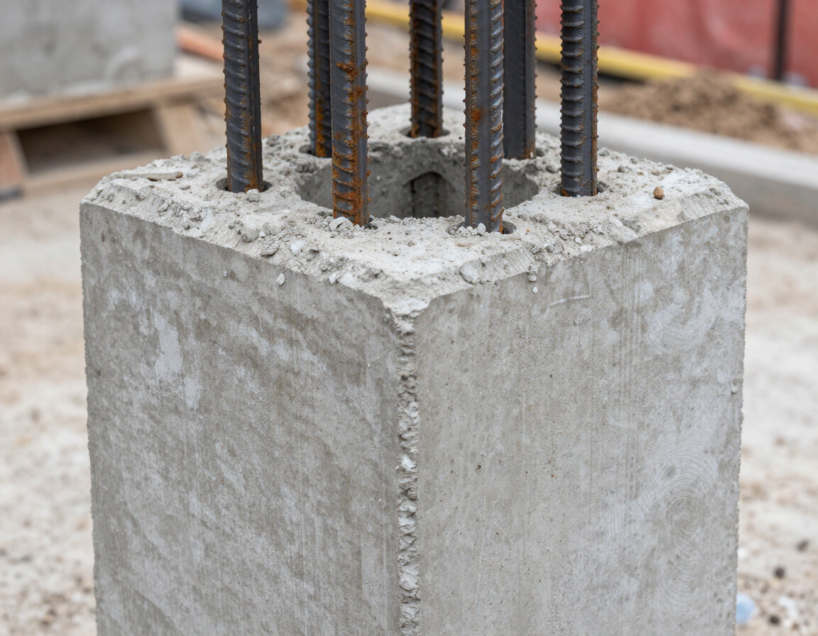 Columna de hormigón con barras de acero expuestas que sobresalen de la parte superior en una obra de construcción.