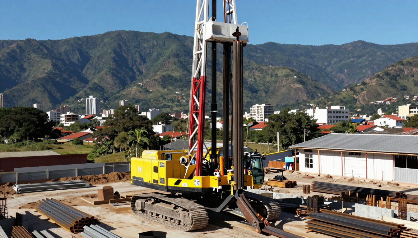 Plataforma de perforación en una obra de construcción con montañas y edificios al fondo.