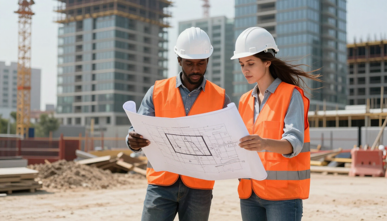 Dos obreros de la construcción con chalecos naranjas y cascos revisan planos en una obra.