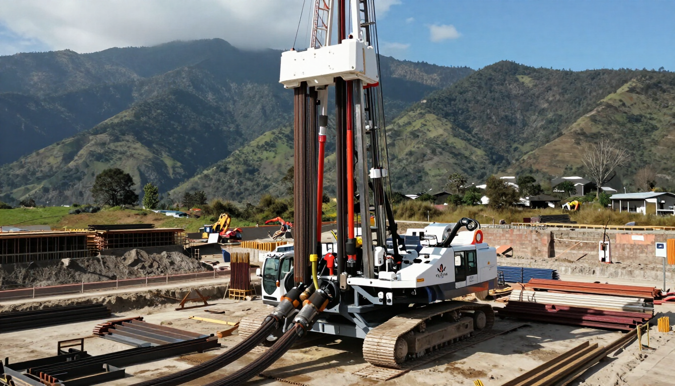 Plataforma de perforación en una obra de construcción con montañas al fondo.